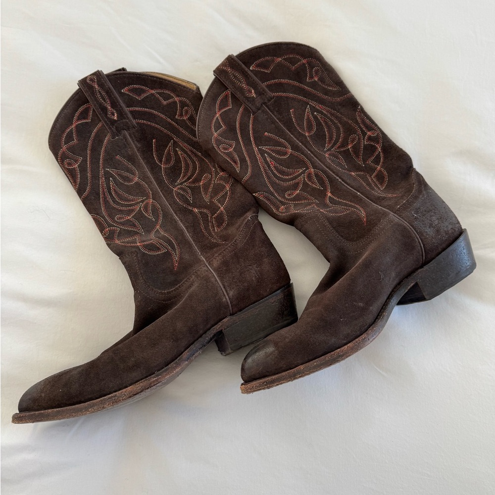 Beautiful Frye Dark Brown Embroidered suede Boots.